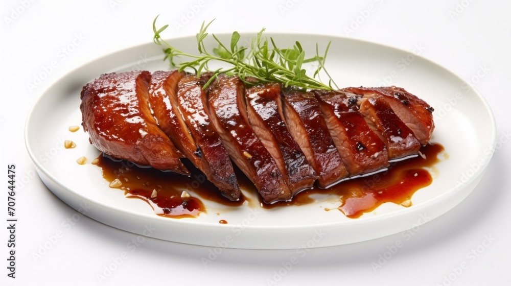 Poster close-up realistic photo of a marinated duck breast against a white background generative ai