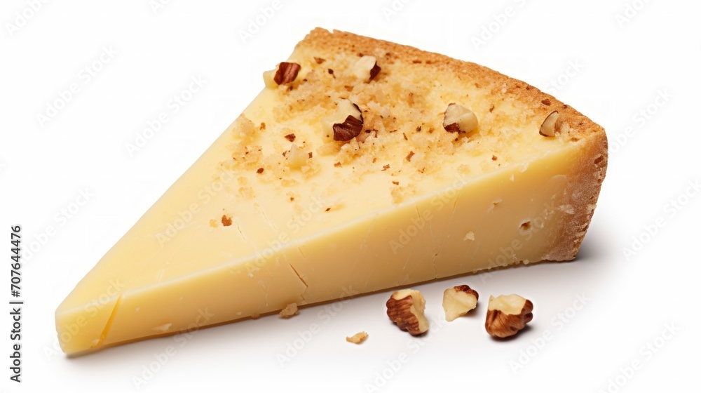 Poster close-up realistic photo of a nutty parmesan cheese wedge against a white background generative ai