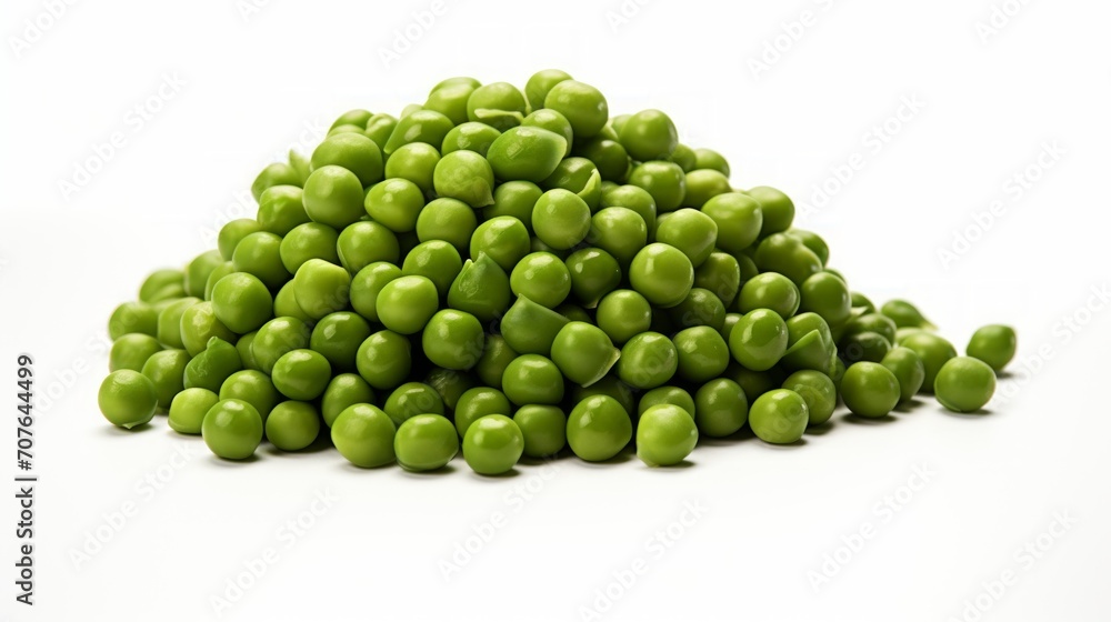 Poster close-up realistic photo of a small mound of green peas on a white background generative ai