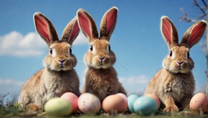 Fototapeta na wymiar _Easter_bunny_family_outside_against