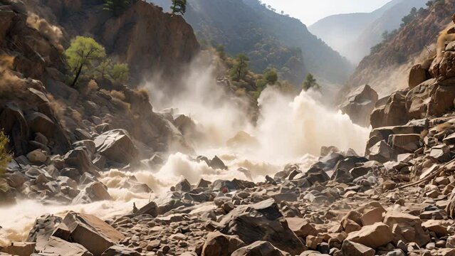 The usually dry riverbed in the mountain canyon is transformed into a raging river as a flash flood cascades through, sweeping everything in its path.