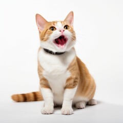 Delighted Japanese Bobtail Cat sitting on a white background, bobbed tail, cheerful expression Generative AI