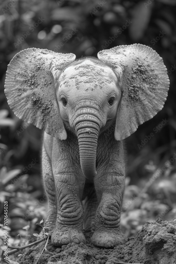 Poster an image of a baby elephant with a dusting of freckles around its eyes and ears.