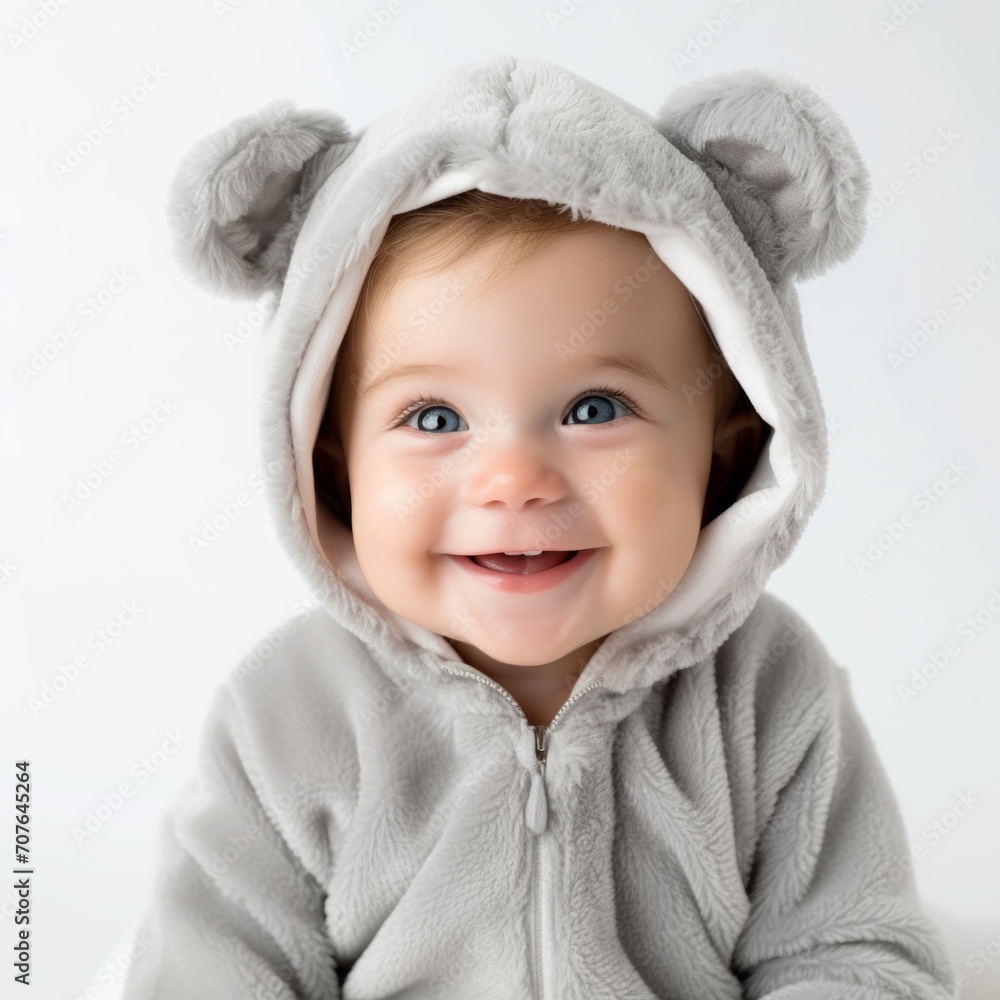 Poster stock image of a baby boy in a onesie against a white backdrop generative ai