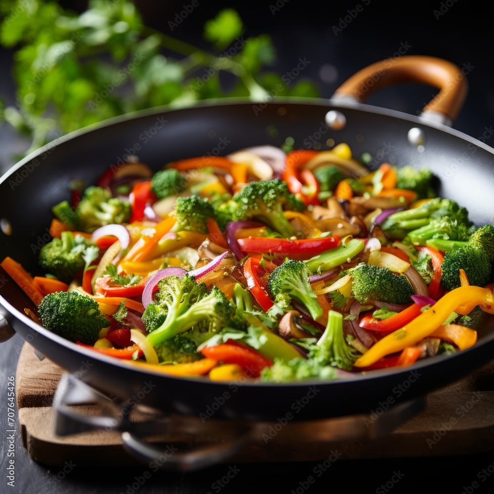 Poster stock image of a colorful vegetable stir-fry in a pan, nutritious and flavorful meal option generati