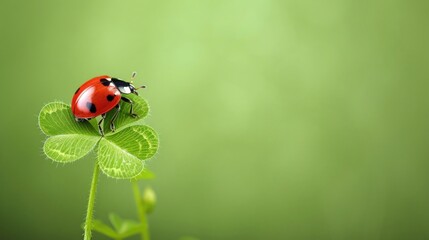 A vibrant ladybug perched on a clover leaf against a fresh green background