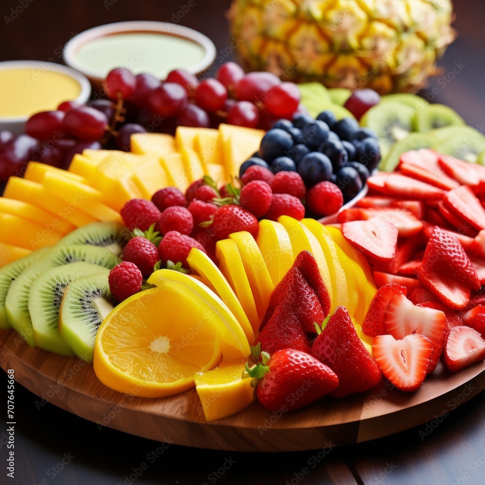 Poster stock image of a fruit platter with assorted sliced fruits, a healthy and refreshing snack option ge