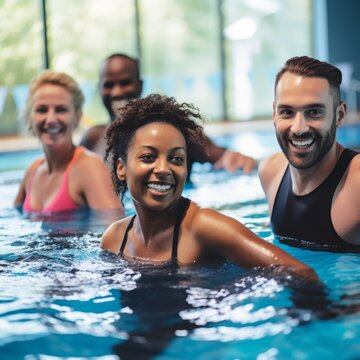 Stock image of a group doing aquatic exercises in a pool, promoting fitness and low-impact workouts Generative AI