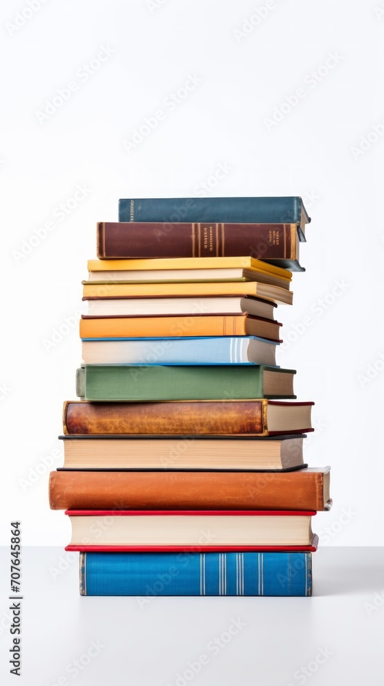 Poster Stock image of a stack of books on a white background, educational and organized Generative AI
