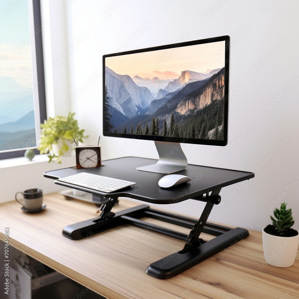 Aufkleber stock image of a standing desk converter on a white background, adjustable, ergonomic workspace solu