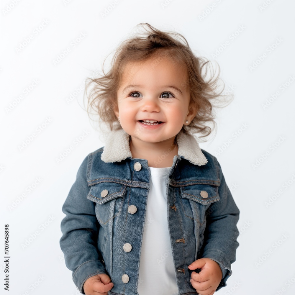 Poster Stock image of a toddler in a denim jacket against a plain white background Generative AI