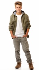 Fototapeta premium Stock image of a teenage boy in casual attire against a white background Generative AI