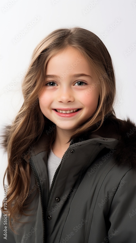 Aufkleber stock image of a young girl in a winter coat on a white backdrop generative ai