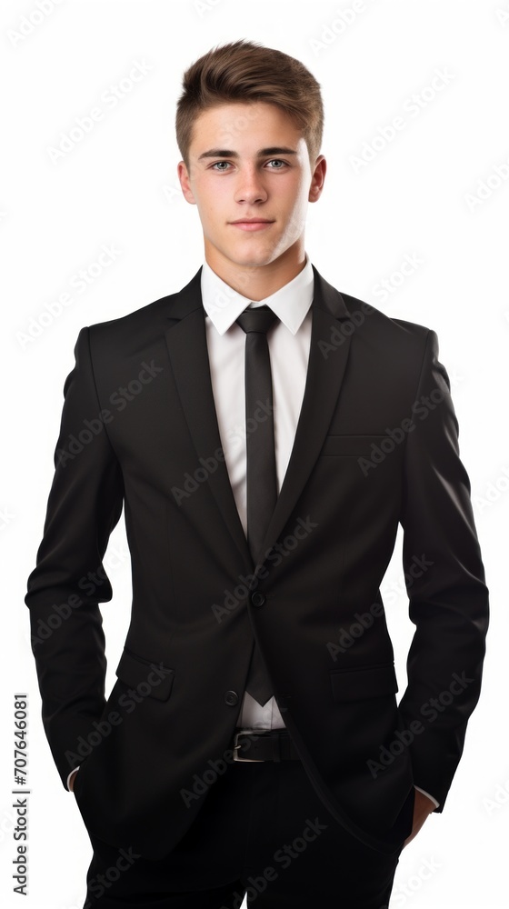 Poster Stock image of a young man wearing a formal suit on a white background Generative AI