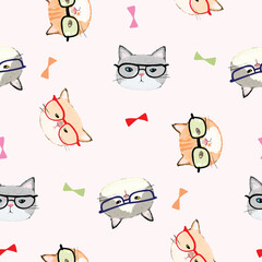 Seamless Pattern of Cartoon Cat Face with Glasses Design on Light Pink Background