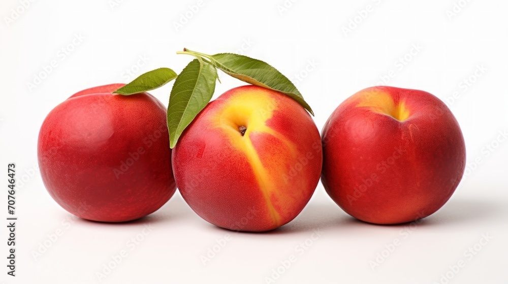 Poster three juicy, succulent nectarines captured in a close-up realistic photo against a white background 