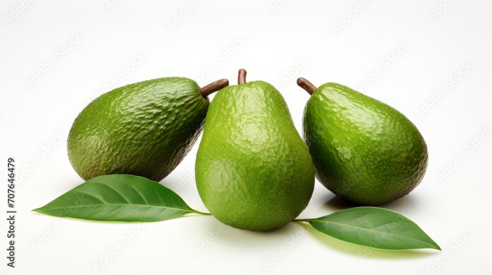 Poster three ripe avocados captured in a close-up realistic photo against a white background generative ai