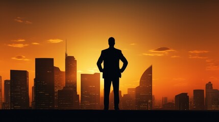 Fototapeta na wymiar Sunset silhouette of a poised businessman, back turned to the city skyline, radiant orange tones, confident and resolute posture Generative AI