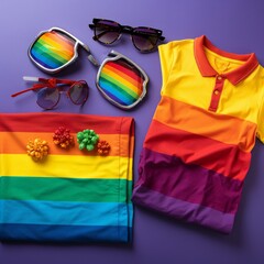 Stock image of rainbow-colored pride accessories and clothing, representing LGBTQ pride Generative AI