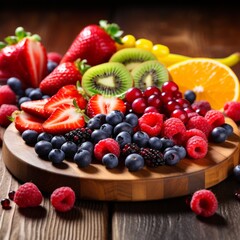 Stock image of fresh colorful berries and fruit slices on a wooden cutting board, healthy and vibrant Generative AI