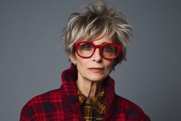 Portrait of a senior woman with short hair wearing red glasses.
