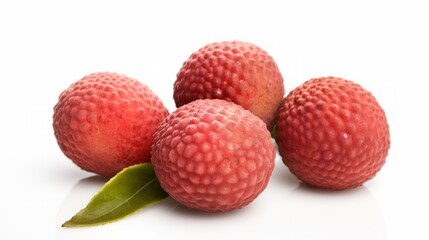 Three fresh, succulent lychees captured in a close-up realistic photo against a white background Generative AI