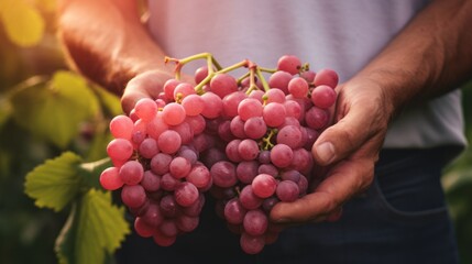 close-up of male hands holding a bunch of pink grapes, harvesting in the garden Generative AI