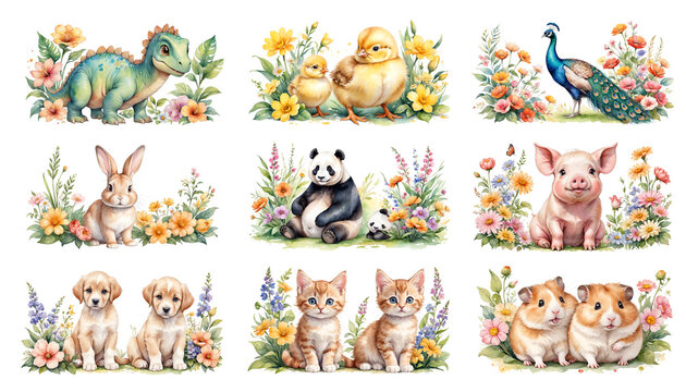 Set of cute animals and flowers on white background, watercolor painting style, generative AI
