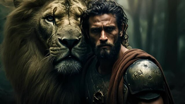 A brooding warrior, his arms tightly crossed over his chest, standing next to a roaring lion in a wild and untamed Roman forest.