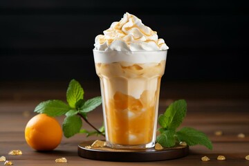 Smoothie with creamy caramel milk and whipped cream for a refreshing and cooling drink. Generative AI