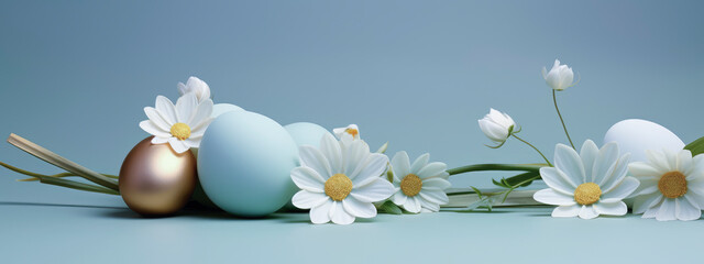 Fototapeta na wymiar Banner, Spring background with gold blu Easter eggs and fresh flowers. copy space, space for text
