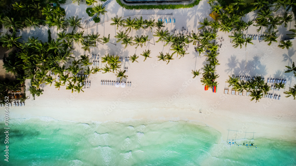 Wall mural aerial view of a tropical beach resort with palm trees, sun loungers, and turquoise sea, depicting a