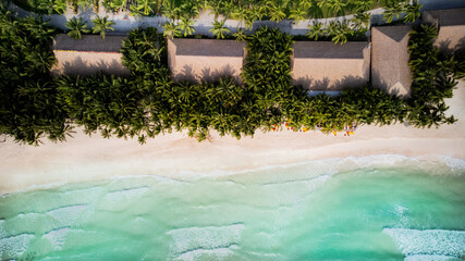 Fototapeta na wymiar Aerial view of a tropical beach with lush palm trees, white sand, and turquoise water, depicting an idyllic vacation destination