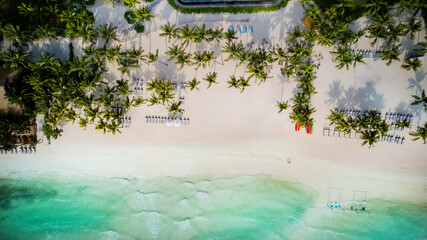 Aerial view of a tropical beach resort with palm trees, sun loungers, and turquoise sea, depicting...