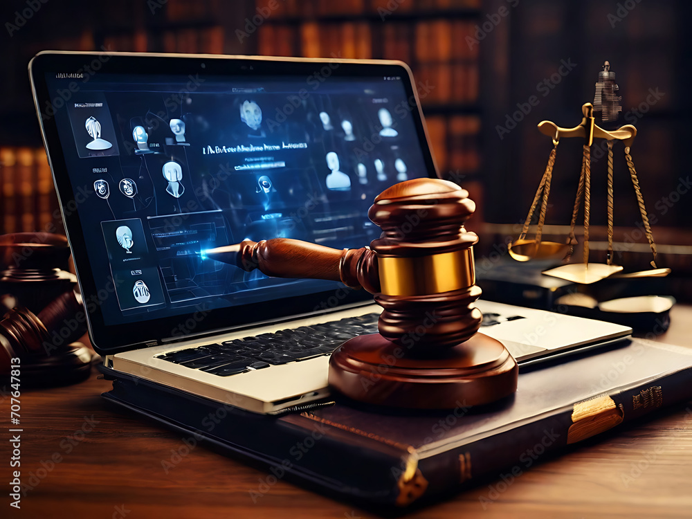 Wall mural AI ethics and AI Law concept. Judicial gavel and laptop with legal astute icons on the table. artificial intelligence law and online technology of legal law regulations