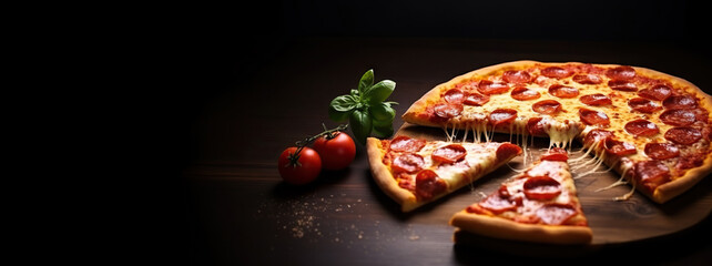 Freshly baked delicious pizza served on a dark wooden table. Copy space - obrazy, fototapety, plakaty