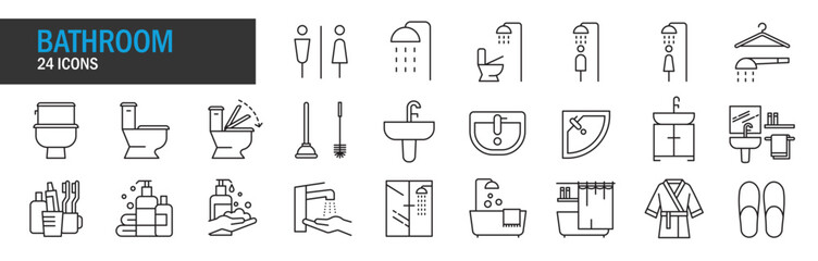 Bathroom icon set. High quality design element. Editable linear style stroke. Vector icon. EPS, PNG, JPG - obrazy, fototapety, plakaty