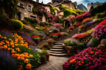 A series of terraced gardens overflowing with vibrant blooms, cascading down the cliffs in a riot...