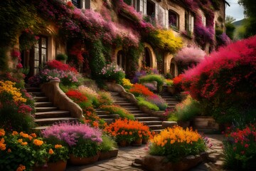 Fototapeta na wymiar A series of terraced gardens overflowing with vibrant blooms, cascading down the cliffs in a riot of color and fragrance.