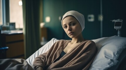 Female cancer patients on bed at hospital - obrazy, fototapety, plakaty