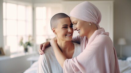 Hug to female cancer patients for motivation and hope concept