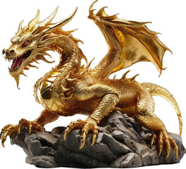 Golden dragon statue, Chinese lucky animal symbol, with PNG transparent background.