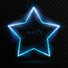 Magic blue glowing neon star shape isolated on black transparent background. Vector illustration