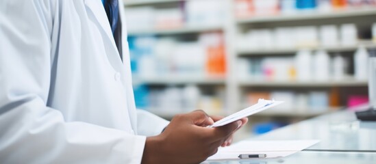 Females pharmacist checking stock drugs at pharmacy store - obrazy, fototapety, plakaty