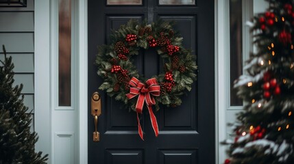 Fototapeta na wymiar a wreath on a door with a red bow