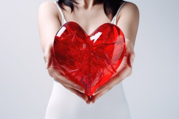 Close-up of a girl in a white dress holding a red heart in her hands. A small red heart in the...