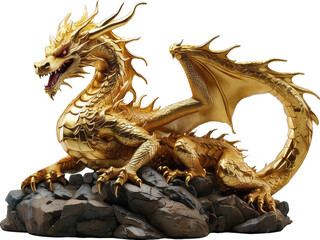 Golden dragon statue, Chinese lucky animal symbol, with PNG transparent background.