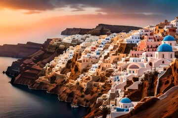 A serene sunset over the caldera cliffs of Santorini, with the pastel-colored buildings glowing...