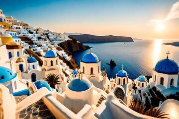 A dramatic vista of the sun dipping below the horizon, casting a golden trail across the Aegean Sea, framed by the iconic blue-domed churches and terraced cliffs of Santorini.