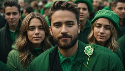 People on St. Patrick day Celebration, Green Hat, Young people perform St. Patrick day, Green clover, St. Patrick's Day, Shamrocks, Generative AI